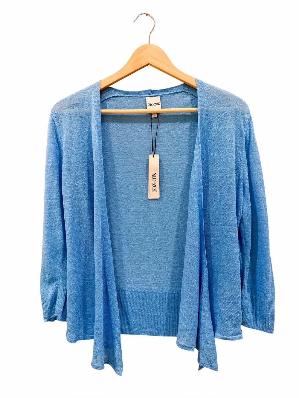NIC+ZOE Lightweight 4 Way Slub Knit Linen Blend 3/4 Sleeve Cardigan Blue M NWT